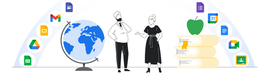 Man and woman speaking, surrounded by a globe, apple, and G-Suite app icons