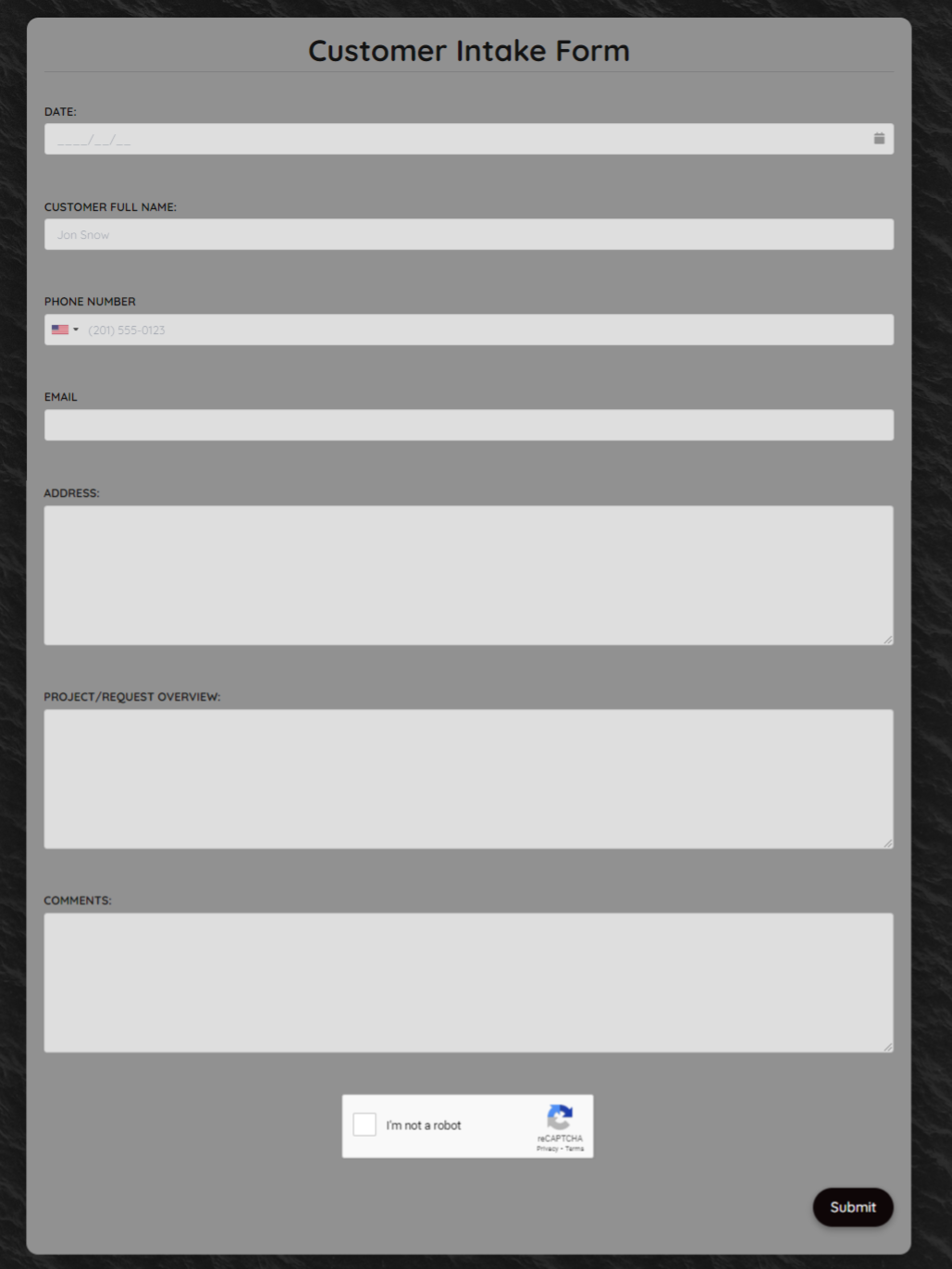 Customer Intake Form Template template