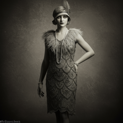 Imagen 3 generated Hyperrealistic portrait of a person dressed in 1920s flapper fashion, vintage style, black and white photograph, elegant pose, 8k