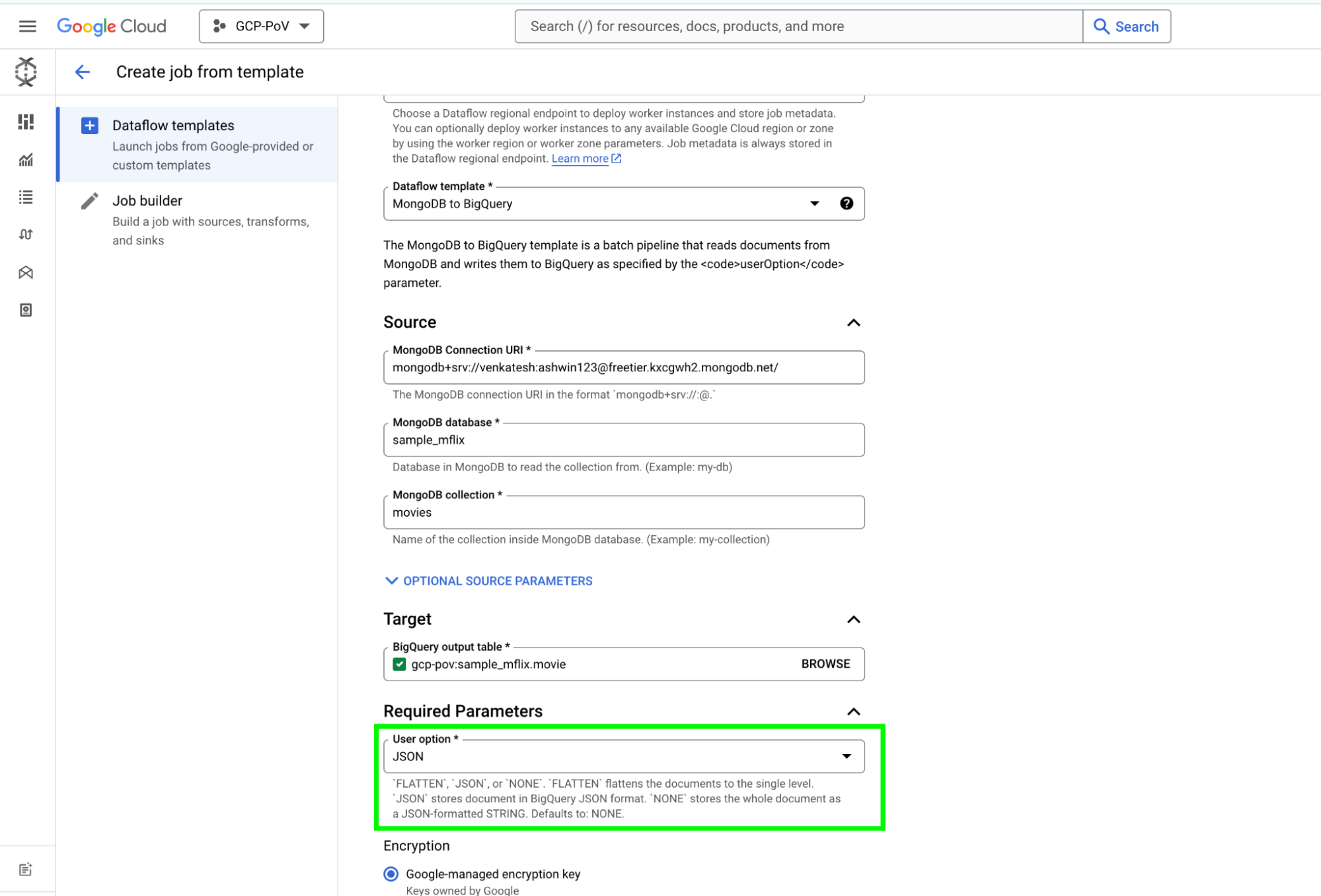 JSON feature for user options on Dataflow Templates