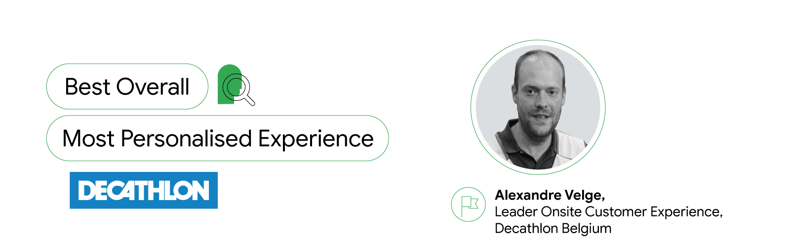 On the left, two text boxes read: “Best Overall” and “Most Personalised Experience”. Below them, the Decathlon logo. On the right, a black and white headshot of Alexandre Velge, leader of onsite customer experience at Decathlon Belgium.