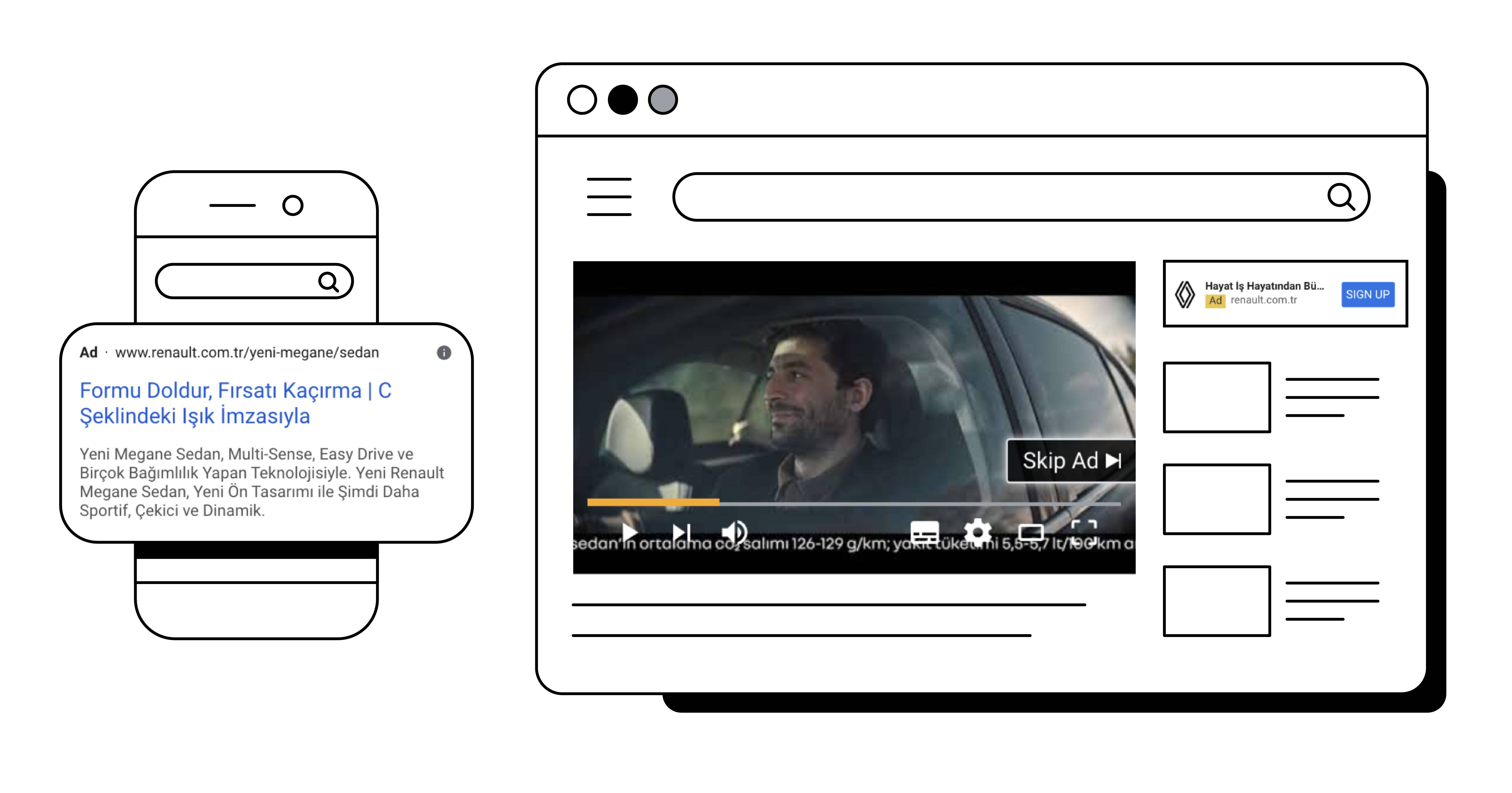 Renault Türkiye arama metin reklamı Araba kullanan bir adamı gösteren YouTube reklamı