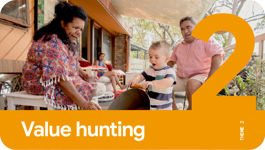 Theme 2: Value hunting. A family looks on in awe and encouragement as a toddler picks up a wok.