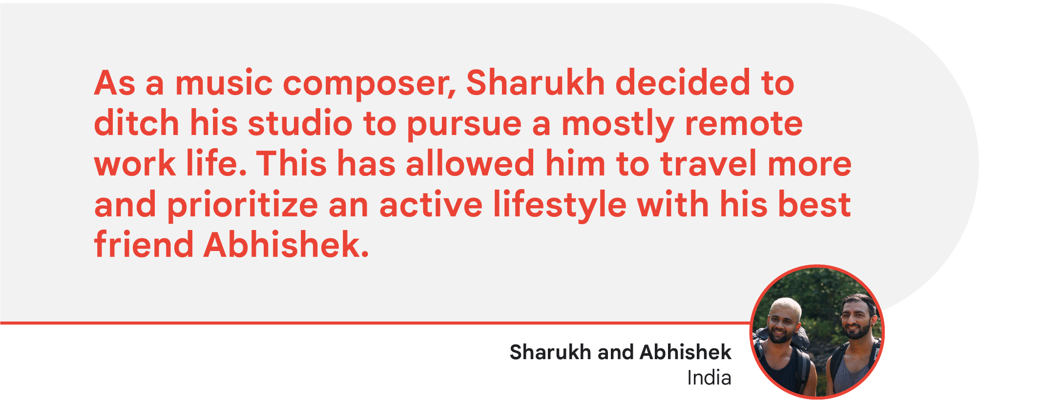 As a music composer, Sharukh decided to ditch his studio to pursue a mostly remote work life. This has allowed him to travel more and prioritize an active lifestyle with his best friend Abhishek.