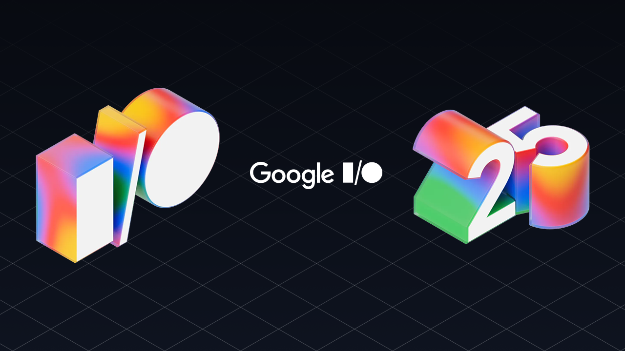 On a black background appear the wordmark and rainbow-gradient and white logo for Google I/O 2025, the company’s annual developer conference.