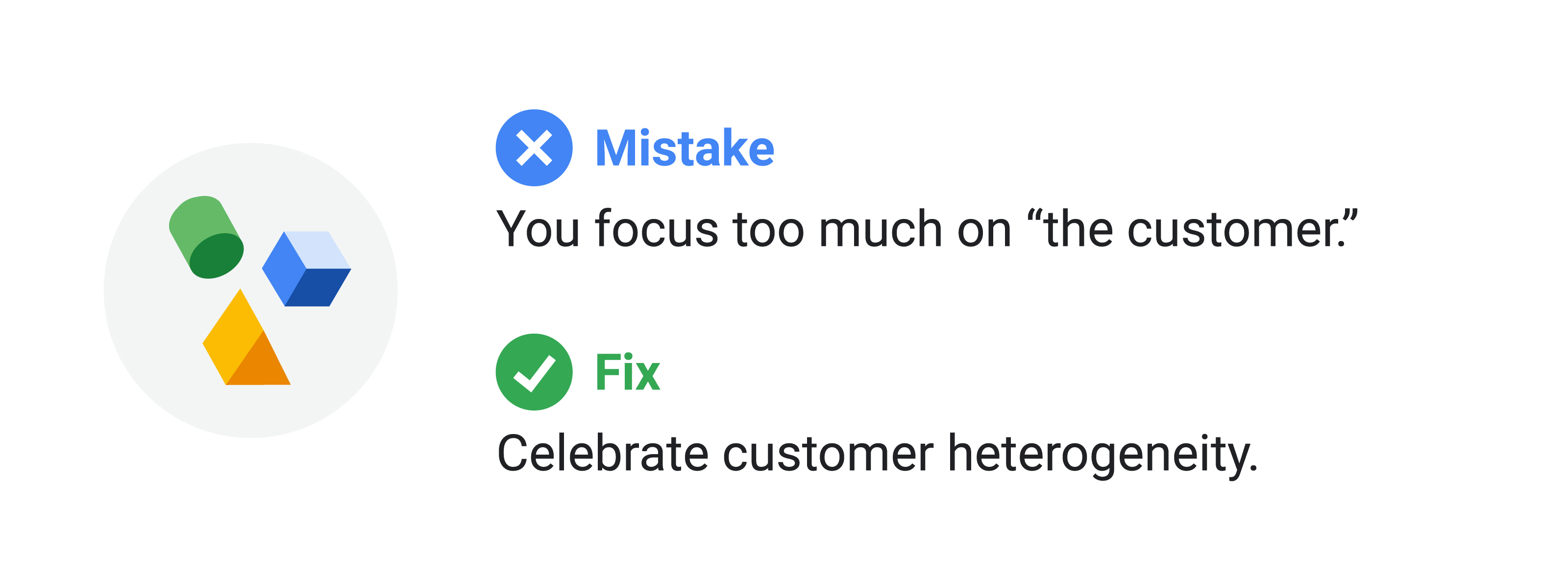 Icon: A cylinder, cube & pyramid float in a gray circle. Text reads: Mistake. You focus too much on the customer. Fix. Celebrate customer heterogeneity.