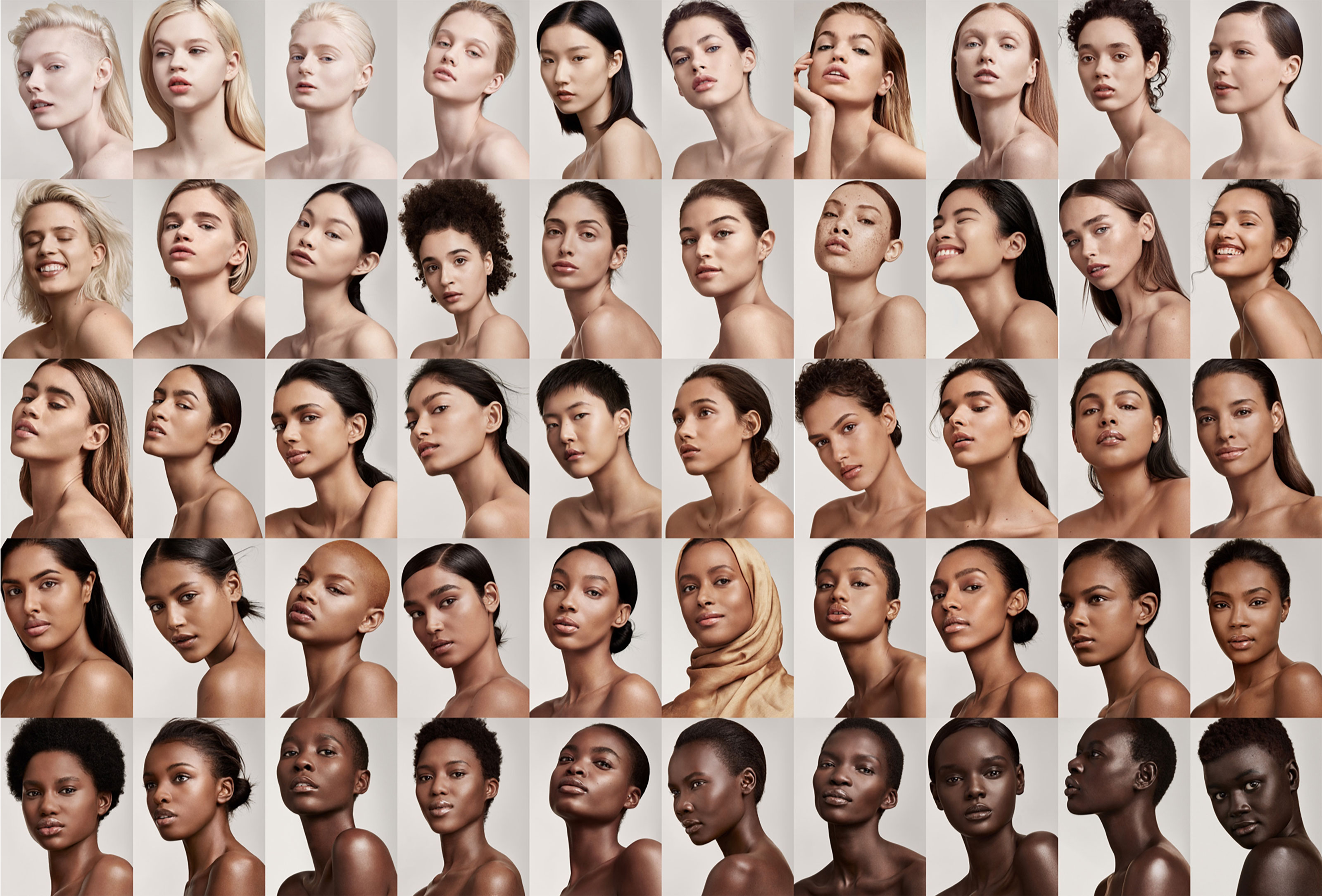 50 models, of 50 different skin tones, show the 50 shades of Fenty Beauty foundation, from lightest to darkest.