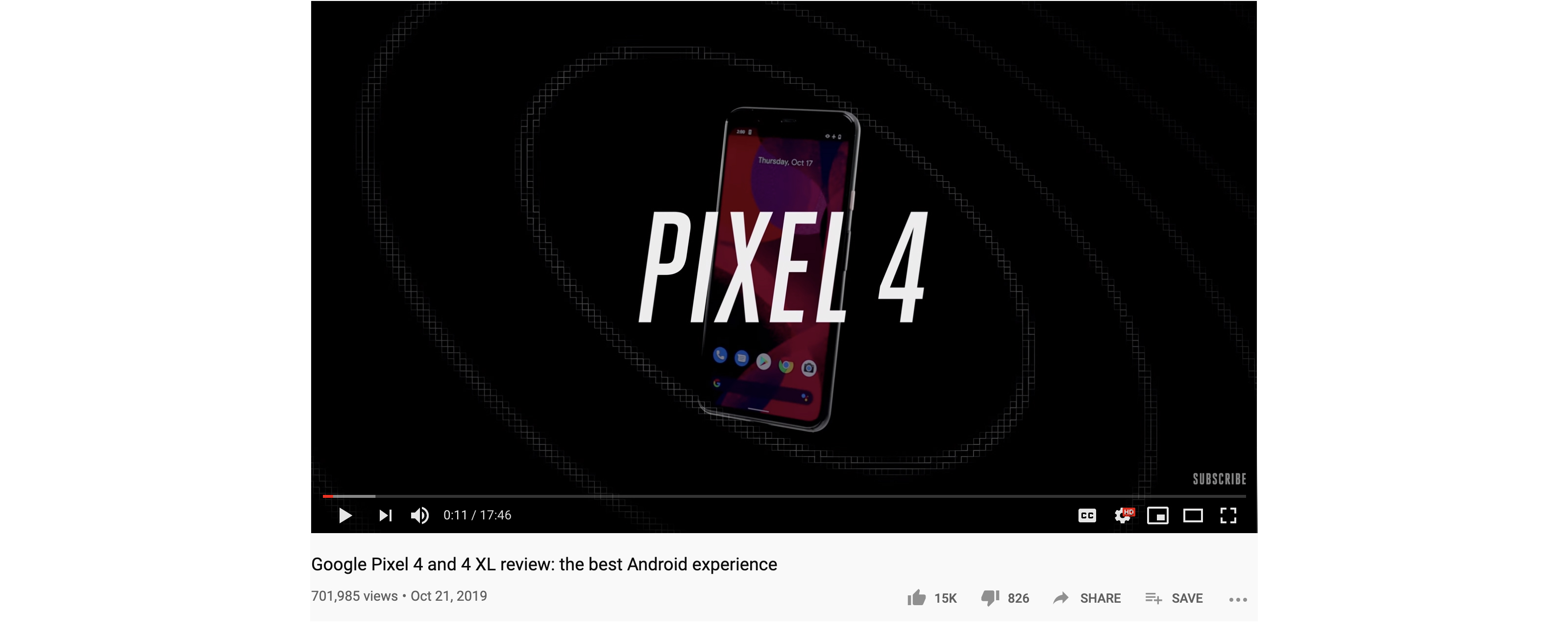 A screenshot of a YouTube video for a Pixel 4 and Pixel 4 XL video review entitled “Google Pixel 4 and 4XL review: the best Android experience.” The approval counter shows 14K thumbs-up votes and 782 thumbs-down votes.