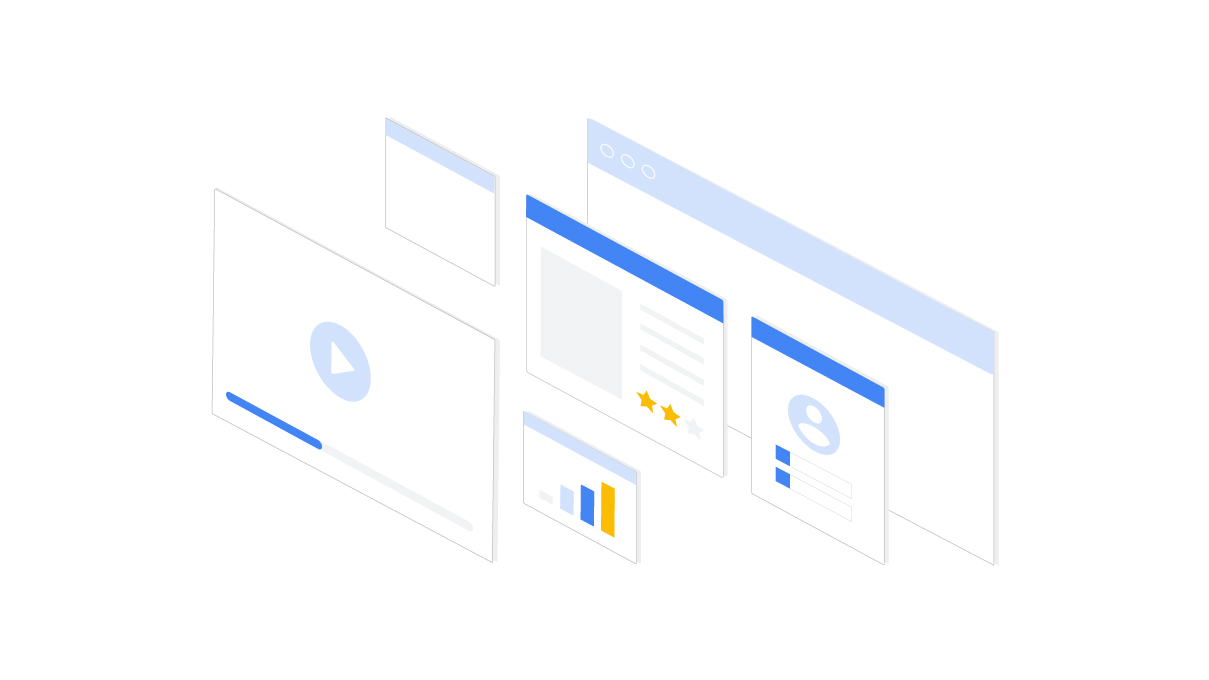 Multiple navigation windows showing graphs, play button, profile and product review.