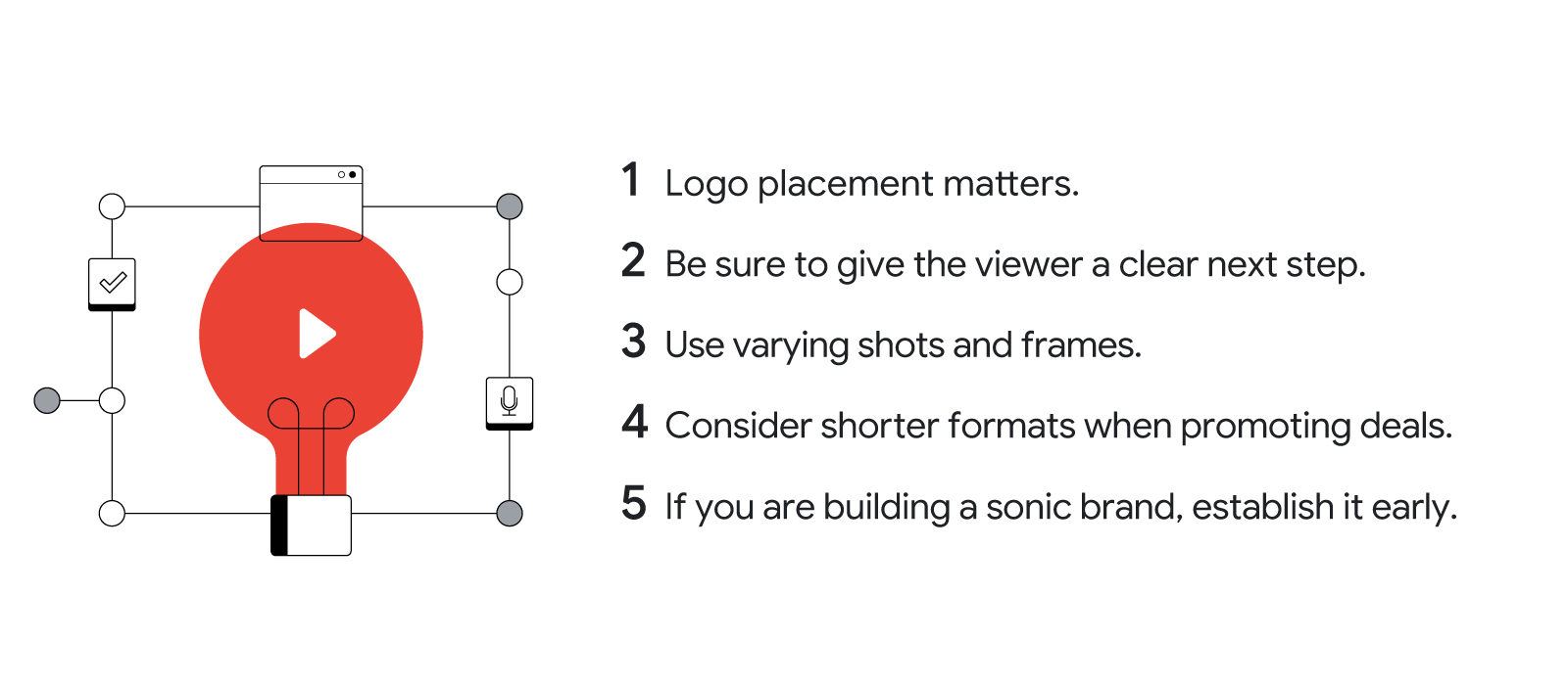 1. Logo placement matters. 2. Be sure to give the viewer a clear next step. 3. Use varying shots and frames. 4. Consider shorter formats when promoting deals. 5. If you are building a sonic brand, establish it early.