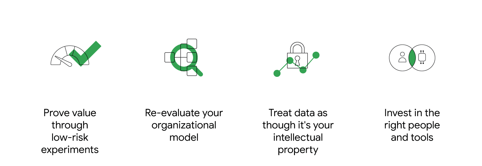 Illustrated icons represent the 4 lessons Eli Liily learned about data-driven consumer marketing: Prove value through low-risk experiments; re-evaluate your organizational model; treat data like intellectual property; invest in the right people and tools