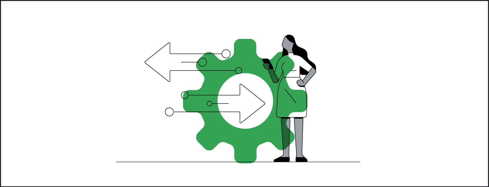 A line drawing of a woman standing and using a mobile device. Overlaid is a life-size settings gear wheel and a pair stylized arrows that whiz past her from left to right.