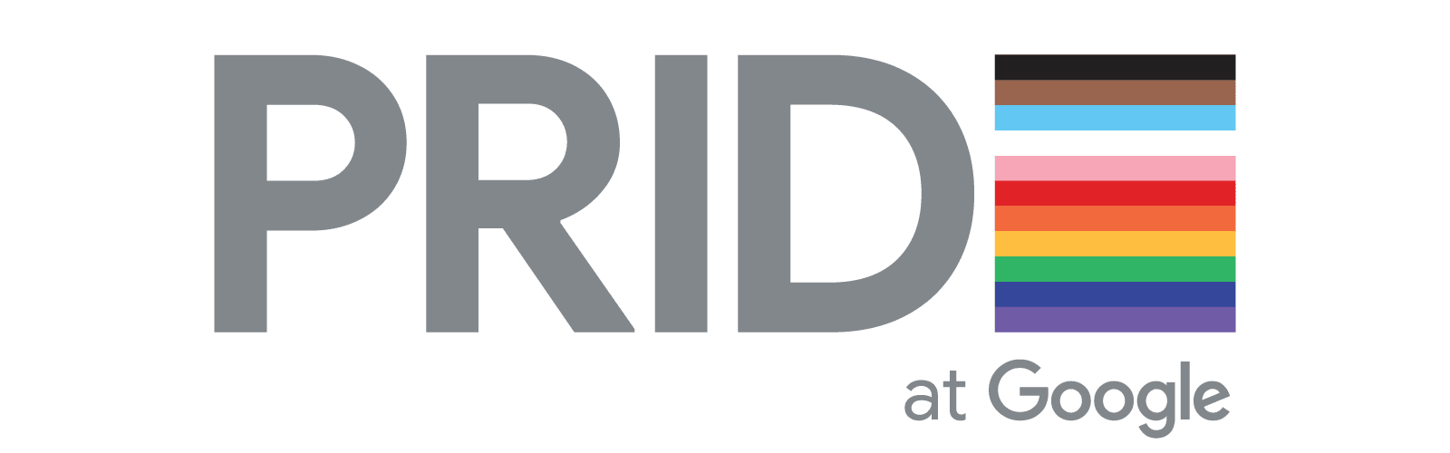 In the new PRIDE at Google logo, the letters P, R, I, D are in gray block caps, and the inclusive Pride flag stands in for the letter E. Under the flag, “at Google” appears in gray.