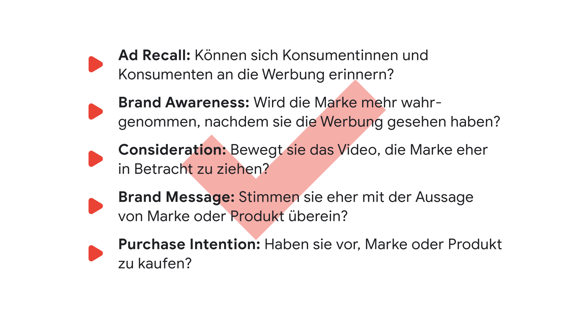 Ad Recall: Können sich Konsumentinnen und Konsumenten an die Werbung erinnern? Brand Awareness: Wird die Marke mehr wahrgenommen, nachdem sie die Werbung gesehen haben? Consideration: Bewegt sie das Video, die Marke eher in Betracht zu ziehen? Brand Messa