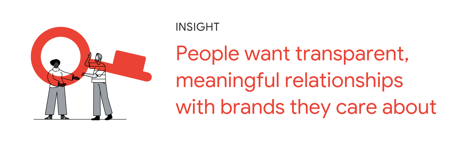 Illustration of two people holding a key. Insight: People want transparent, meaningful relationships with brands they care about.
