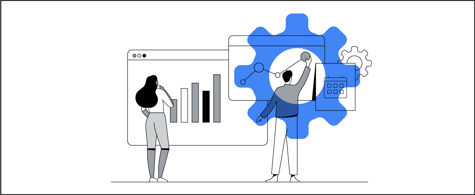A woman of color examines a bar graph, while a white man makes adjustments to a growth chart.