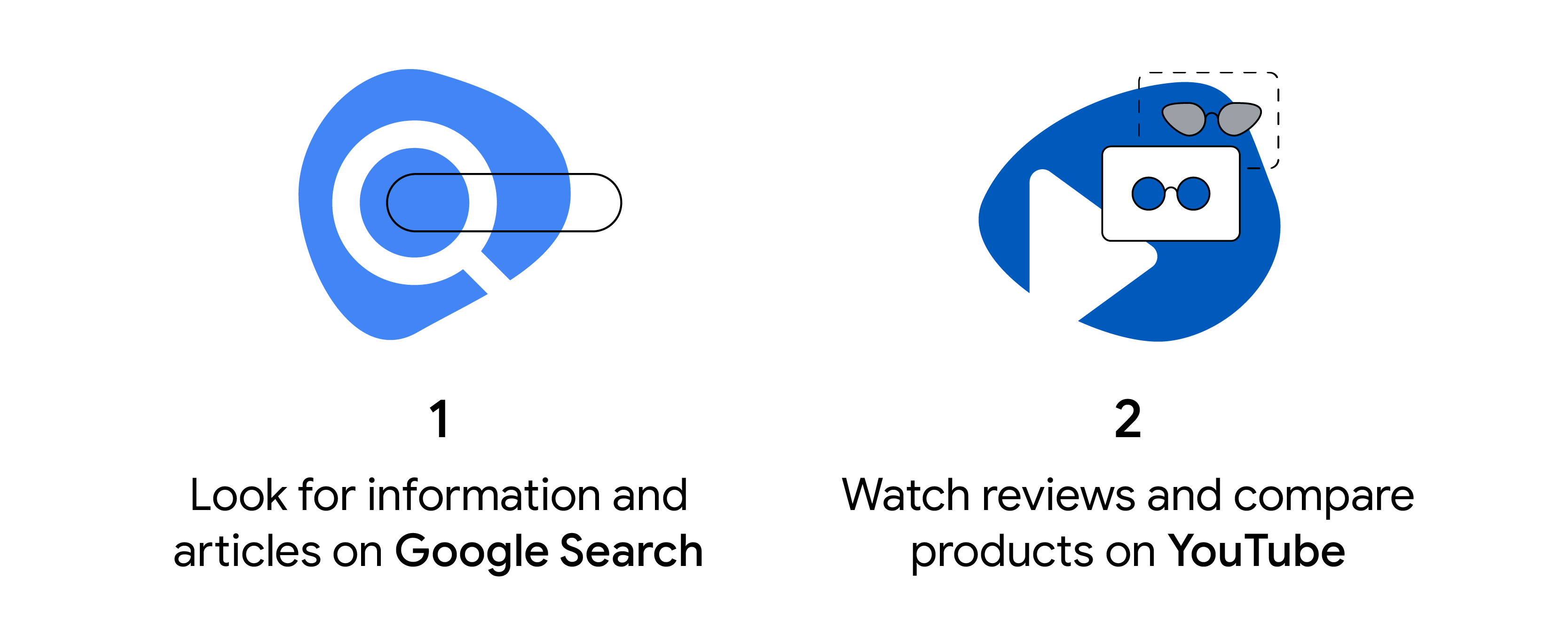 1. Look for information and articles on Google Search, 2. Watch reviews and compare products on YouTube