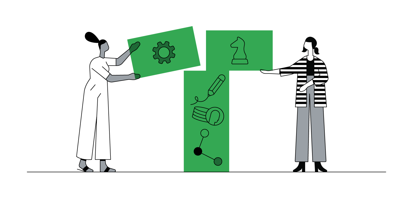 Es sind zwei weibliche Personen illustriert, die Klötze stapeln. Diese wiederum bilden verschiedene Motive ab wie Zahnrad, Schachfigur, Bleistift, Geldmünzen und Punktanordnung.