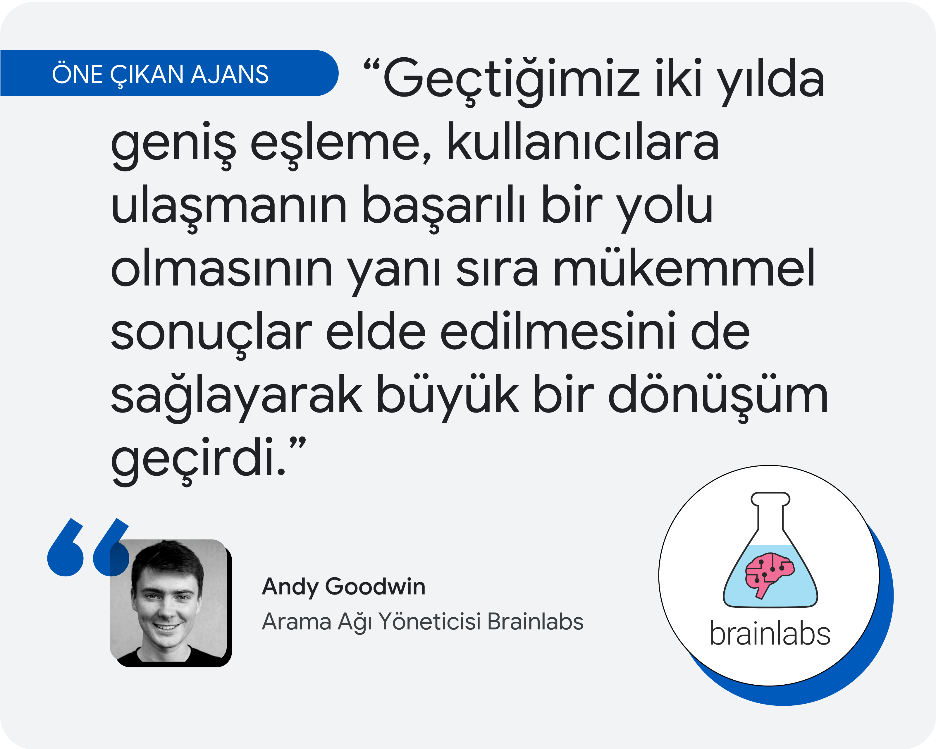 Öne çıkan ajans. Brainlabs'in Arama Ağı Yöneticisi Andy Goodwin, geniş eşlemeye ilişkin şu açıklamalarda bulundu: "Geçtiğimiz iki yılda geniş eşleme, kullanıcılara ulaşmanın başarılı bir yolu olmasının yanı sıra mükemmel sonuçlar elde edilmesini de sağlay