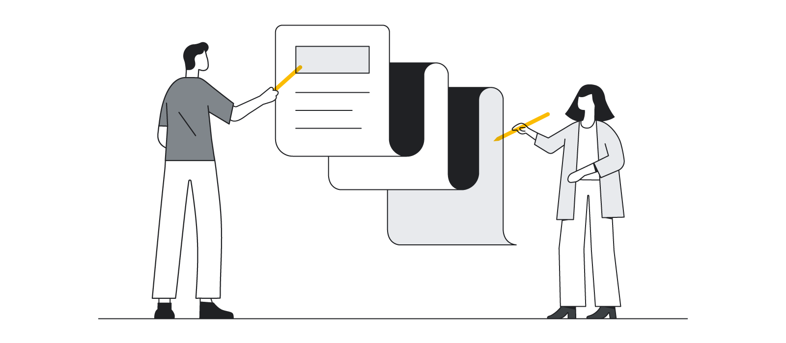 2 人の人と、会員規約をイメージした書類のイラスト