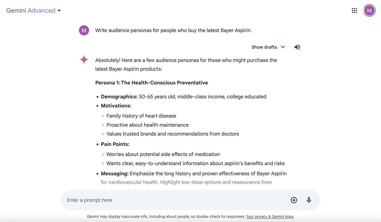 Gemini Advanced で "Write audience personas for people who buy the latest Bayer Aspirin." (最新のバイエルアスピリンを購入する人向けのペルソナを作成してください)とプロンプトを打つと、ペルソナの属性、モチベーション、ペインポイントなどが出力される。