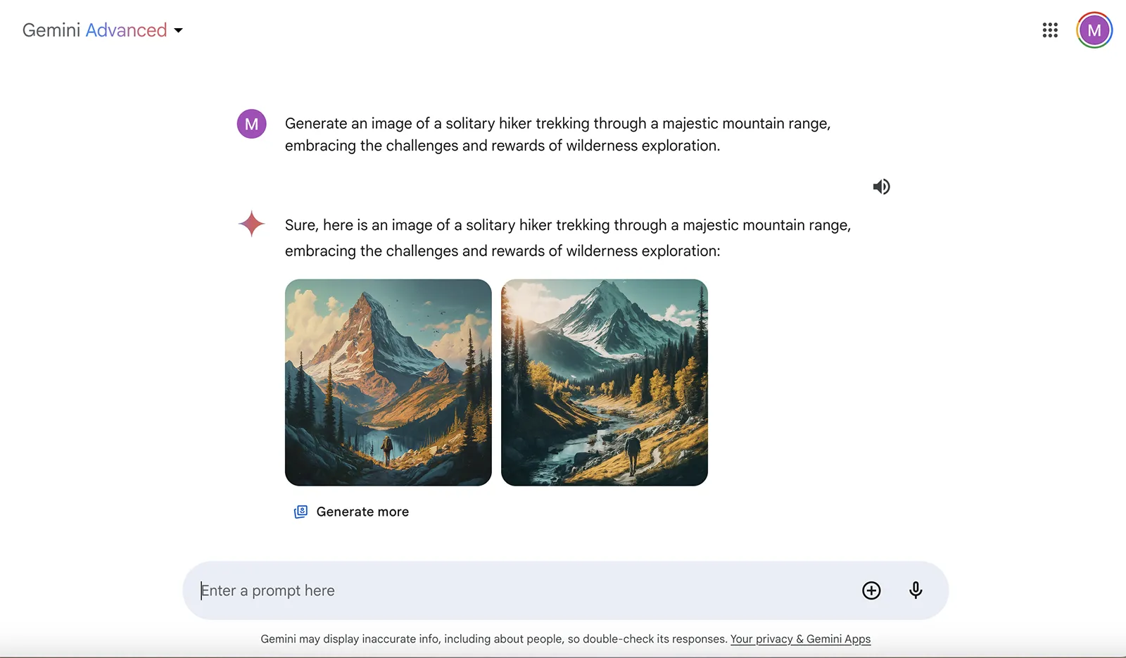 Gemini Advanced で "Generate an image of a solitary hiker trekking a majestic mountain range, embracing the challenge and rewards of wilderness exploration." とプロンプトを打つと、複数の画像が生成される。