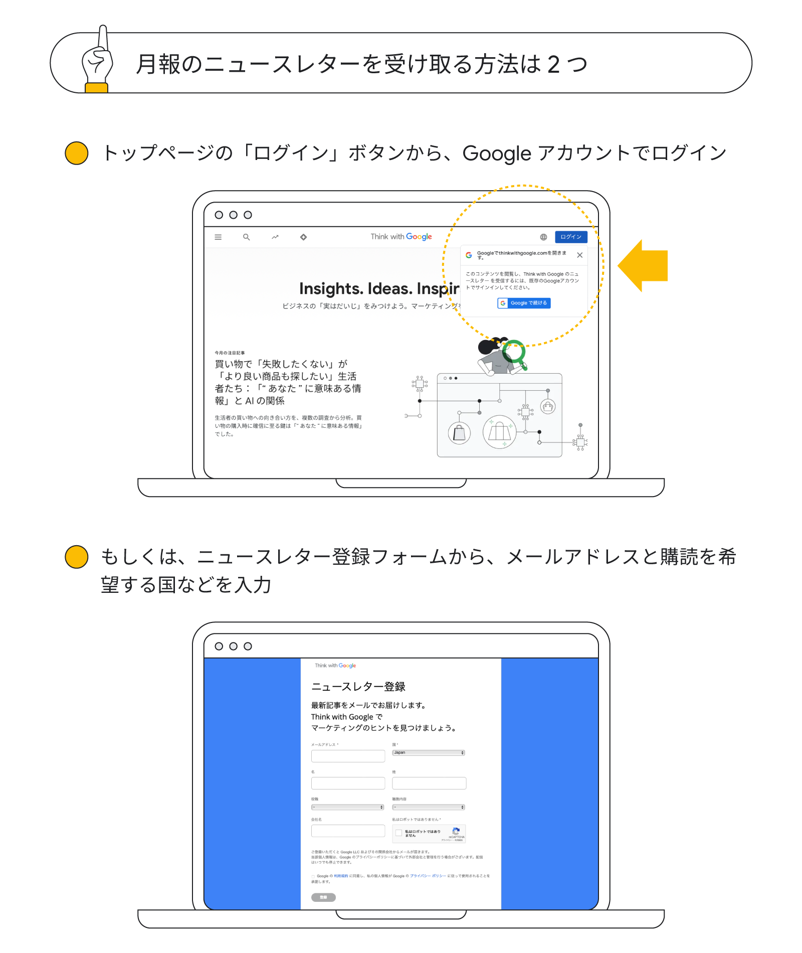 月報のニュースレターに登録するには、2 通りの方法がある。Google アカウントを持っている場合には、サイト右上の「ログイン」ボタンよりログインする。Google アカウントがない場合には、ニュースレター登録フォームからメールアドレスや氏名など必要事項を入力する。