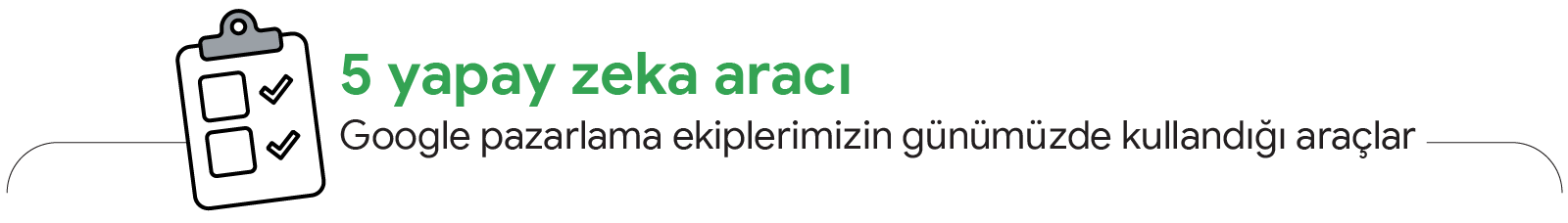 Başlığın yanındaki bir panoda yer alan bir yapılacaklar listesi: 5 yapay zeka aracı - Google pazarlama ekiplerimizin günümüzde kullandığı araçlar