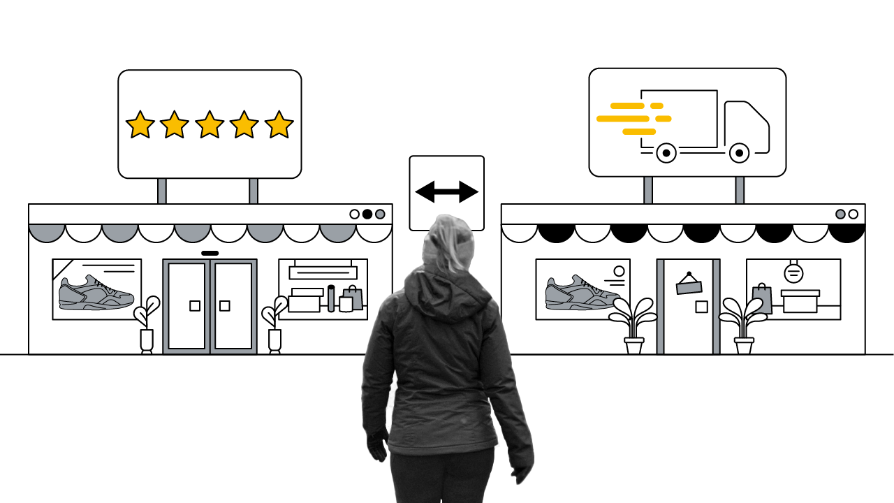 Una donna che indossa cappotto e guanti si trova di fronte a due vetrine che hanno la forma di un browser web e in cui si vedono delle scarpe da corsa. Un negozio ha un'insegna con una valutazione di 5 stelle, mentre l'altro ha un'insegna con un camion pe