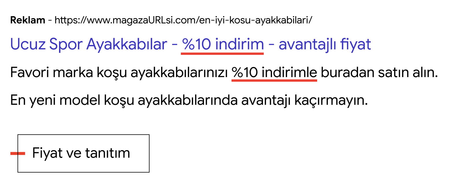 Markanın sadece indirime odaklanabileceğini gösteren temsilî bir spor ayakkabı arama ağı reklamı. Reklam şu ibareleri içeriyor: Ucuz Spor Ayakkabılar - %10 indirim - avantajlı fiyat. Favori marka koşu ayakkabılarınızı %10 indirimle buradan satın alın. En
