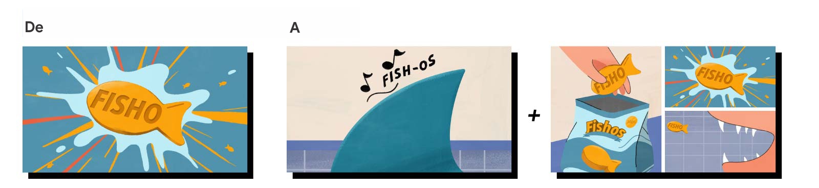 Guión gráfico con tres cuadros para el anuncio de Fishos. En el primero, un snack de Fishos con agua alrededor. En el segundo, la aleta de un tiburón con notas musicales encima. En el tercero, un cuadro partido en tres con: el primer cuadro repetido, una