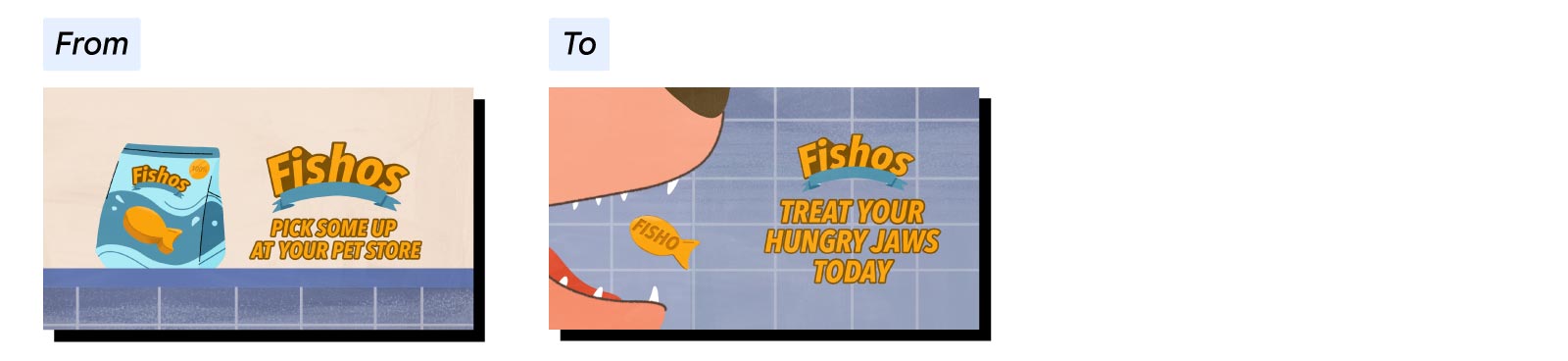 Before: Fishos logo and call to action, “Pick some up at your pet store,” appears in bright, bold type next to a Fishos bag on a kitchen counter. After: A close-up of a dog eating a Fisho is next to the CTA, “Fishos. Treat your hungry Jaws today.”