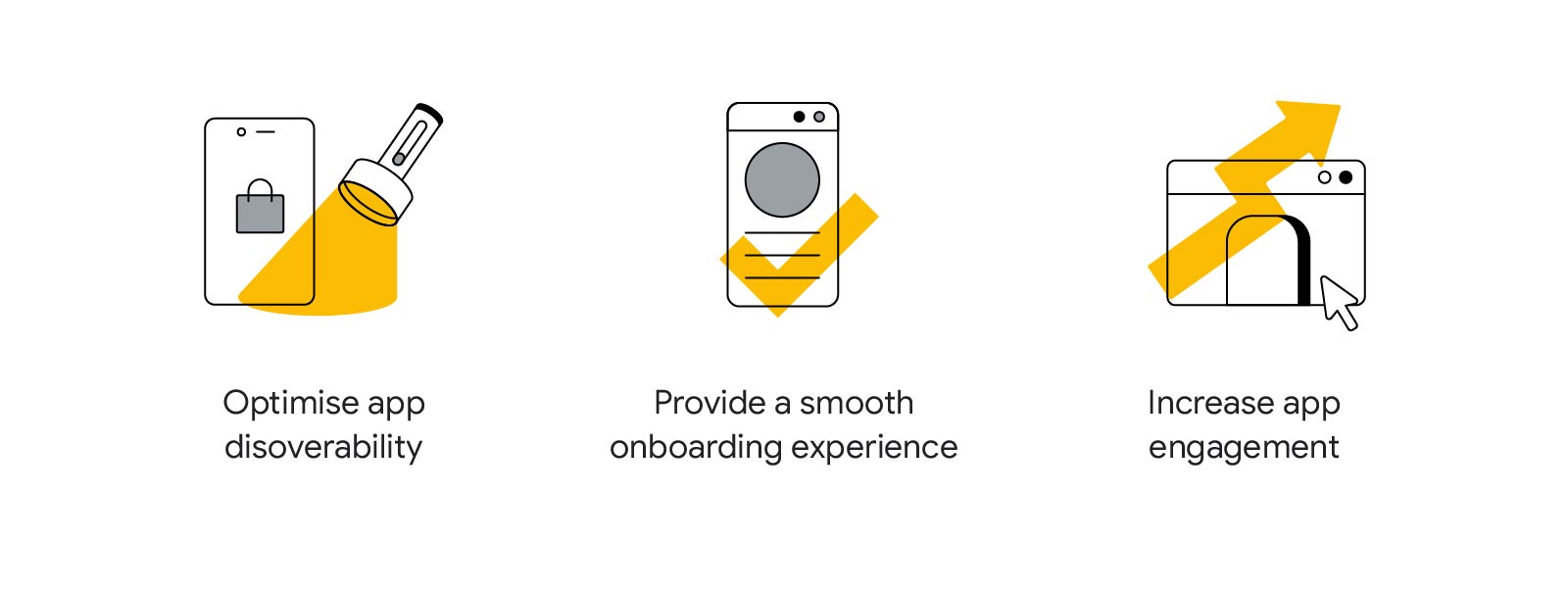 Three pillars to build a winning mobile app strategy: Optimize app discoverability, provide a smooth onboarding experience, and increase app engagement.