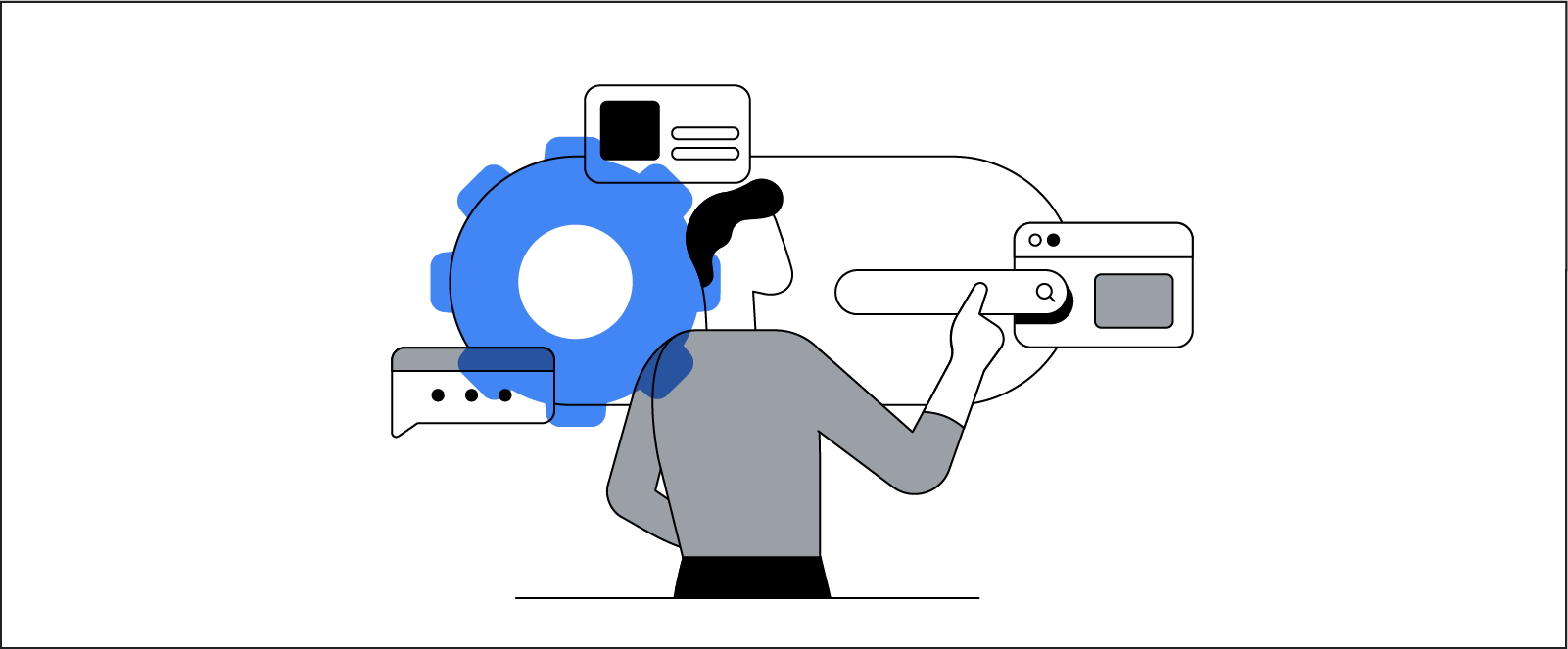 Ilustración que representa a una persona interactuando con distintas interfaces digitales, como ajustes de búsqueda y usuario, vídeos y chat.