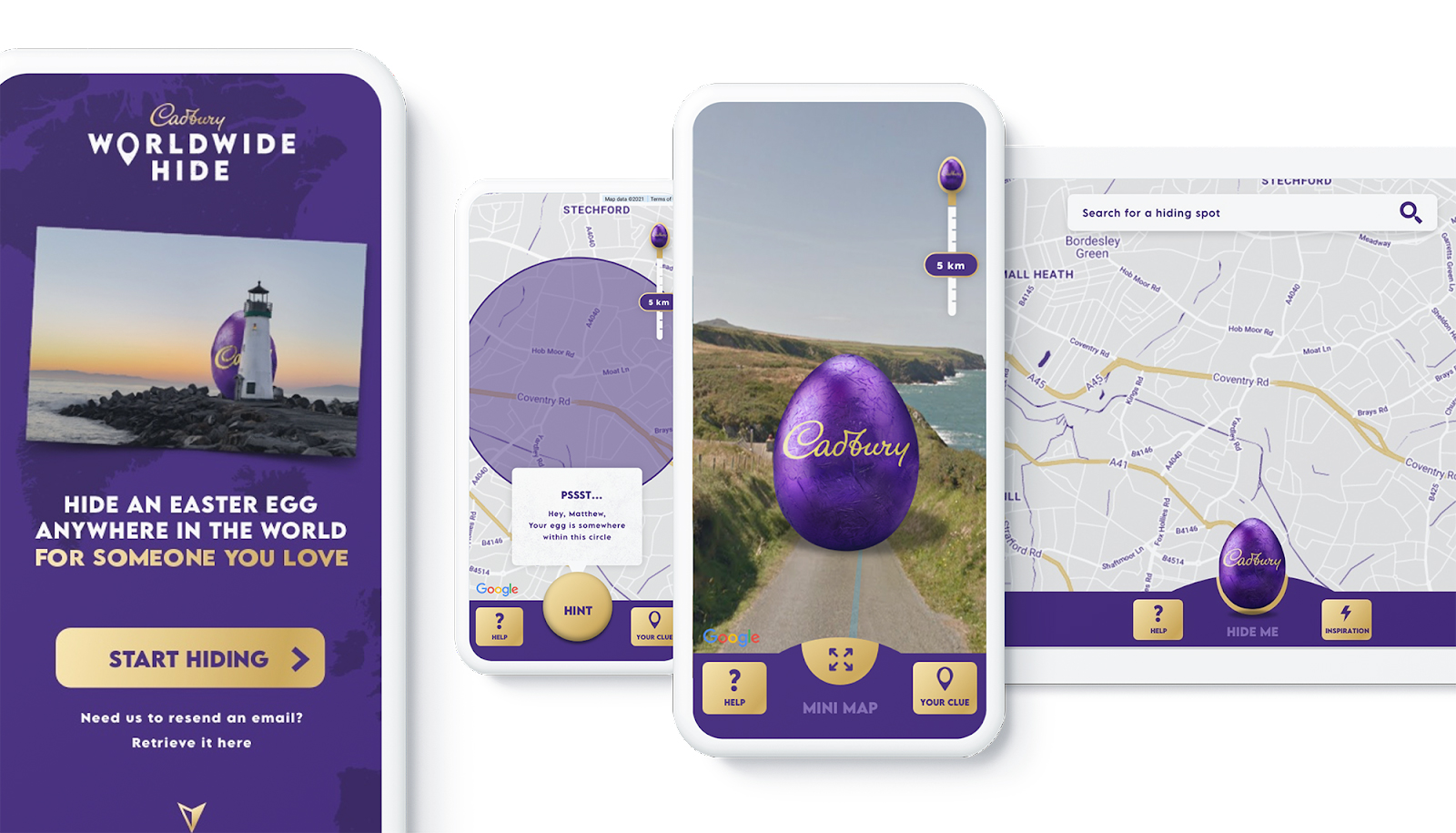 Images of mobile phones featuring Cadbury’s Worldwide Hide campaign on Google Maps