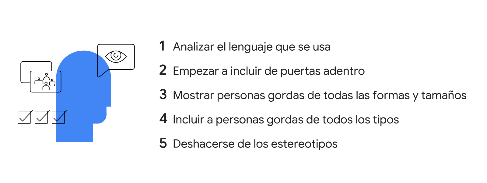 Una silueta rodeada de bocadillos de pensamientos. Consejos básicos para ser inclusivos con las personas de tallas grandes: 1. Analizar el lenguaje que se usa. 2. Empezar a incluir de puertas adentro. 3. Mostrar personas gordas de todas las formas y tamañ