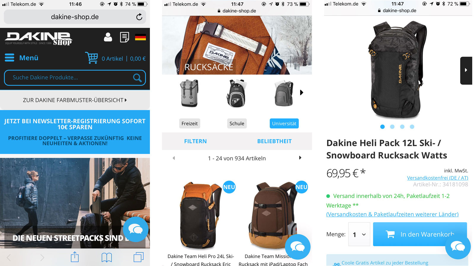 Shows three images of Dakine Shop