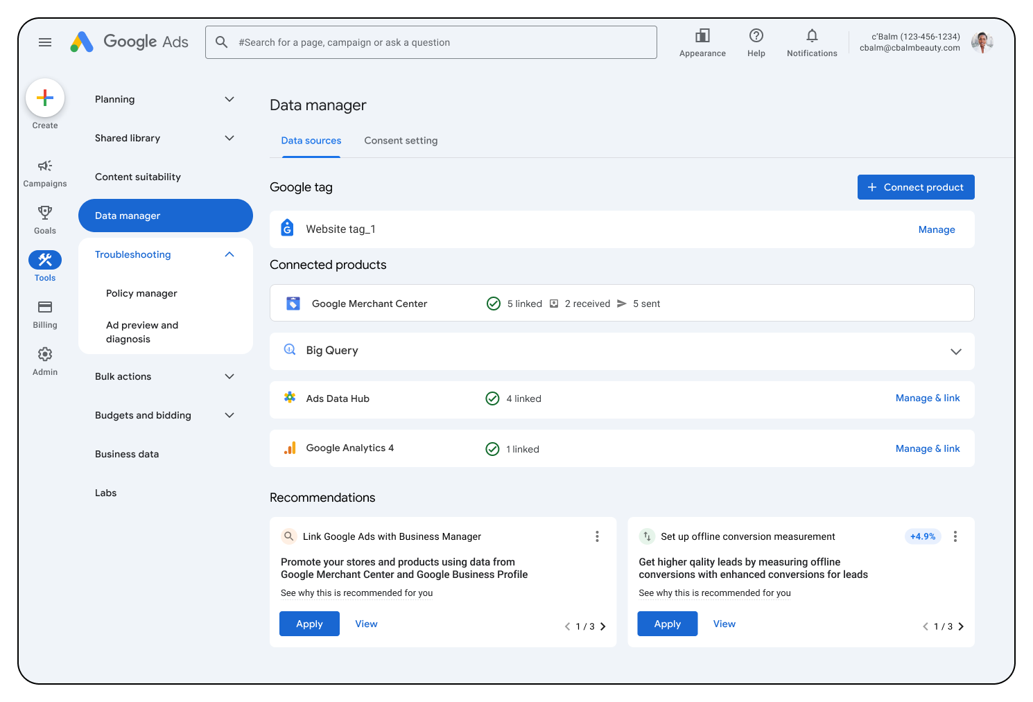 Browser window showing Google Ads Data Manager, highlighting how to bring your first-party data from the Google tag and connected products, including Google Merchant Center and BigQuery.