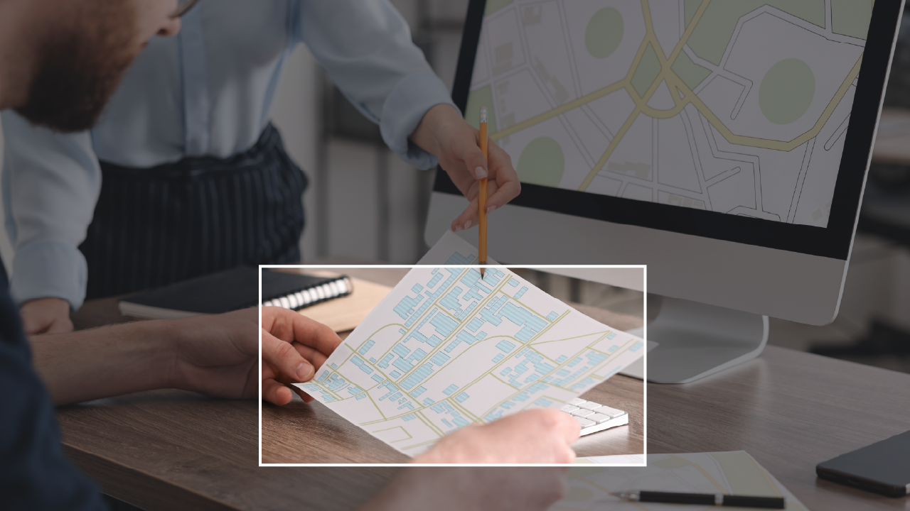 A photograph shows two people in an office environment looking at — and pointing at — a paper map. The computer screen on the desk in front of them shows another map.