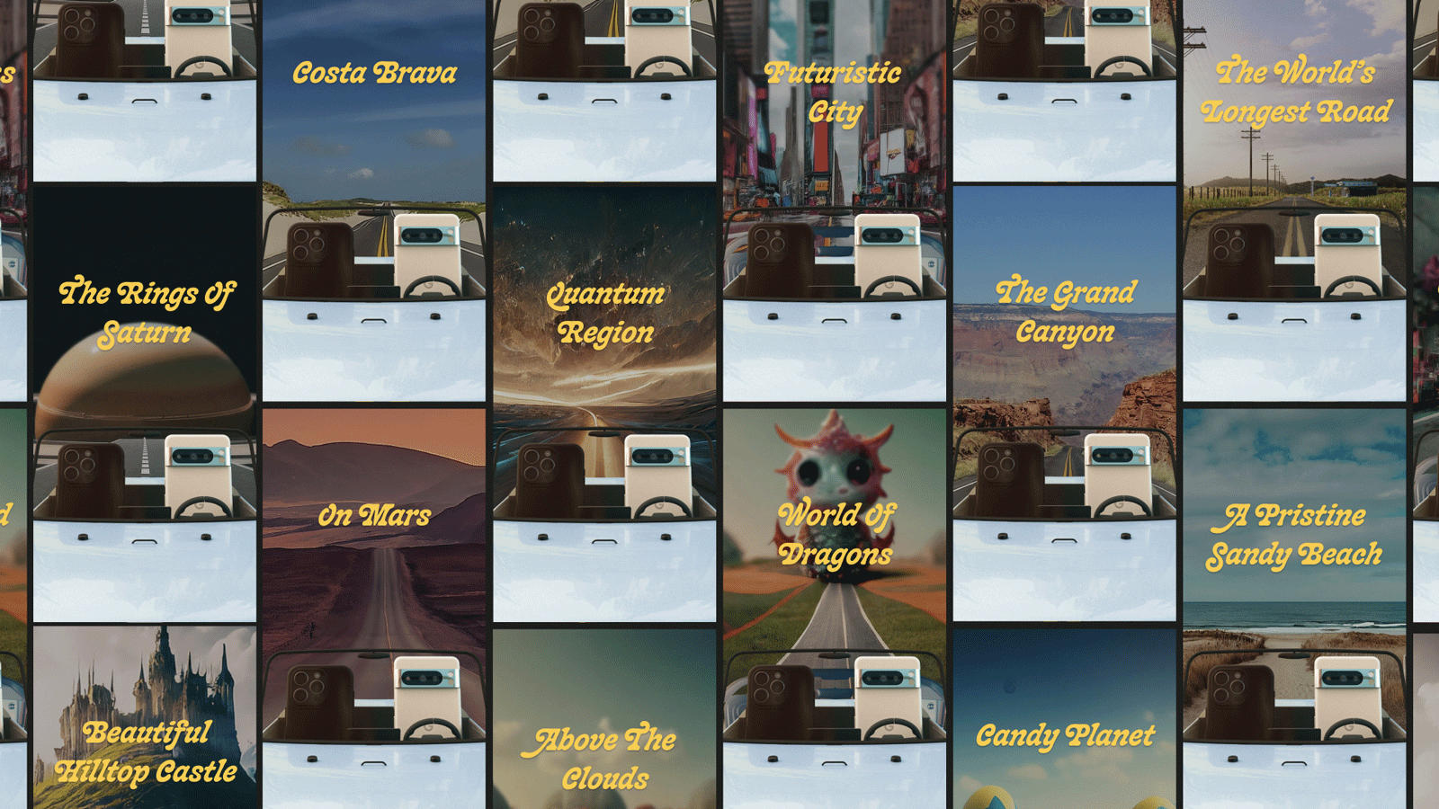 A collage shows a Pixel phone and an iPhone driving in a white convertible across country, around the world, to outer space, and other fantastical settings. Captions include The Grand Canyon, Costa Brava, The Rings of Saturn, and Candy Planet.