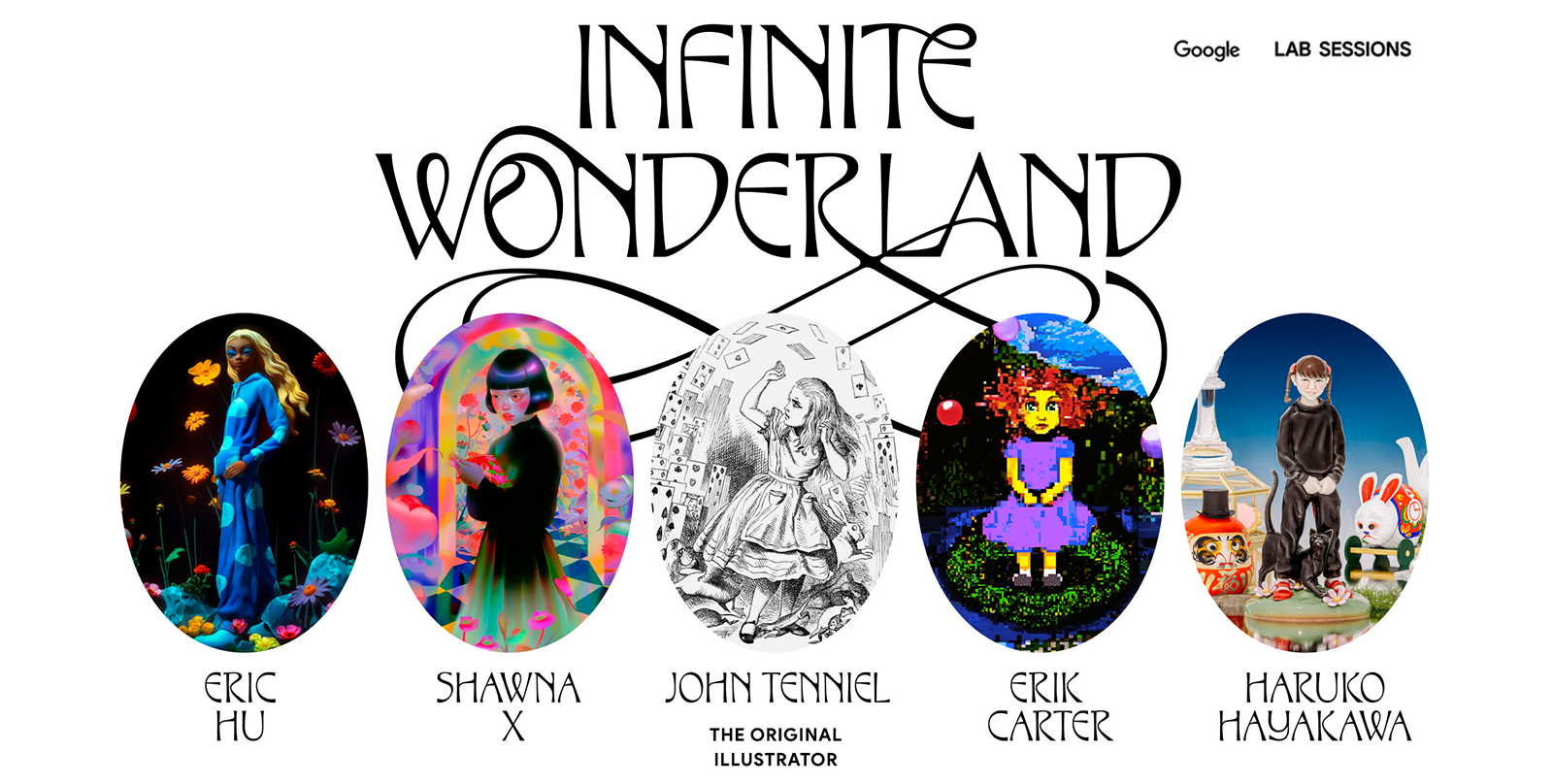 Five reimagined cover illustrations for “Alice’s Adventures in Wonderland” Alice in Wonderland reimagined by AI and artists Eric Hu, Shawna X, John Tenniel, the original illustrator, Erik Carter, and Haruko Hayakawa.