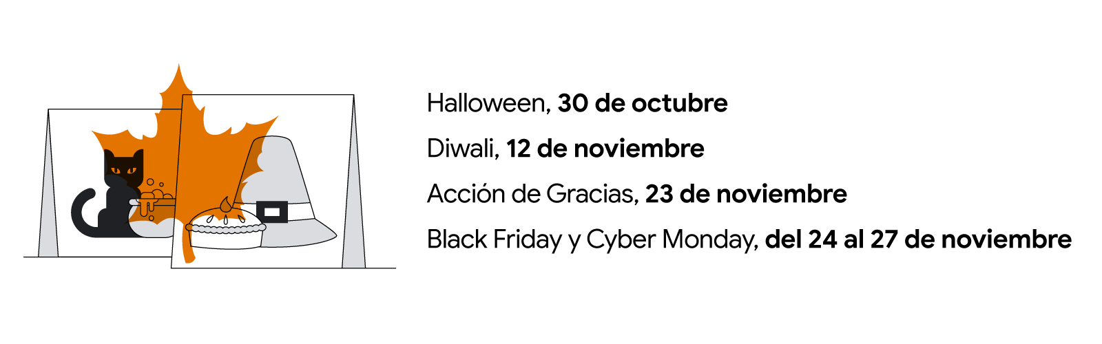 Dos tarjetas, una al lado de la otra. Una tiene un gato negro y un caldero con una pócima hirviendo. La otra tiene un sombrero de cuáquero y un pastel. Hay una hoja naranja superpuesta sobre la imagen. Halloween, 30 de octubre; Diwali, 12 de noviembre; Ac