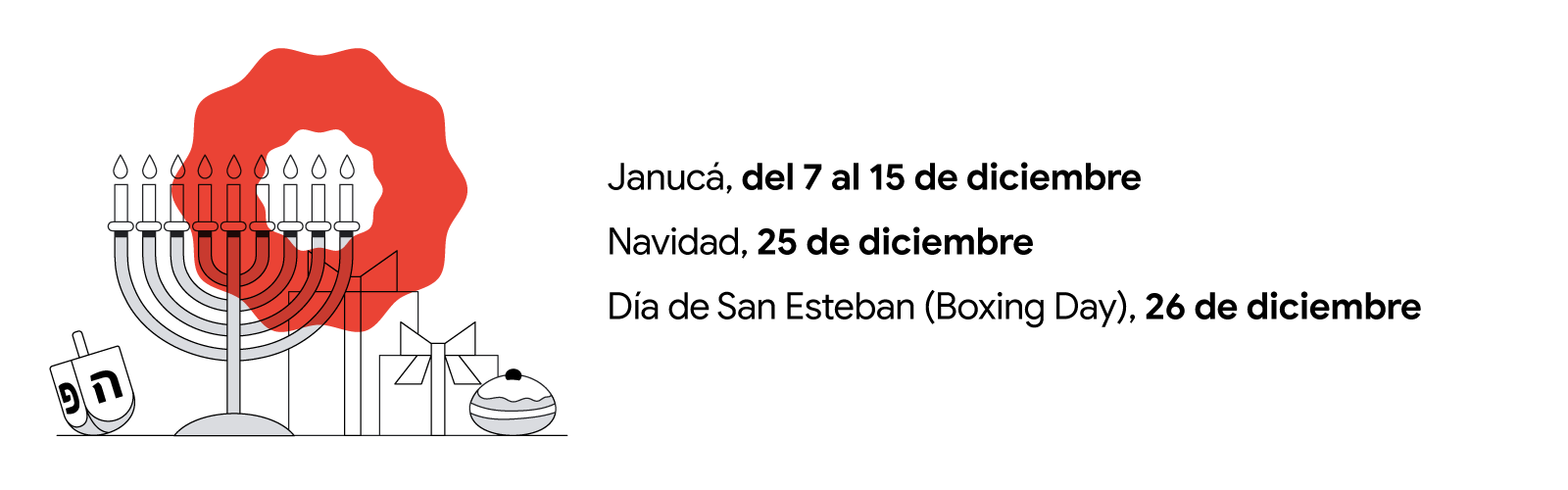 Un dreidel gira al lado de una menorá que tiene ocho velas encendidas, junto a dos regalos y un bollito glaseado. Hay una corona roja superpuesta sobre la imagen. Janucá, del 7 al 15 de diciembre; Navidad, 25 de diciembre; Día de San Esteban (Boxing Day),