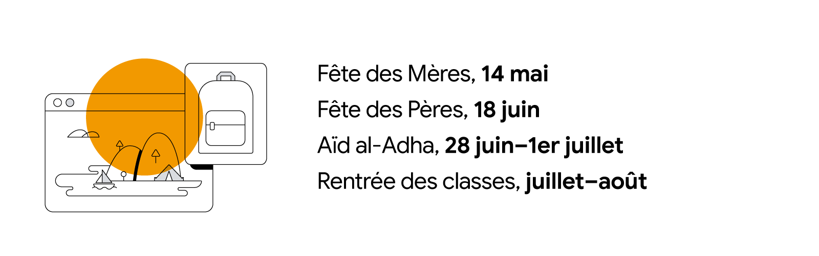 Un site de voyage présentant un bateau faisant le tour d'une île est représenté à côté d'un sac à dos d'étudiant. Un soleil doré-orangé plane au-dessus. Fête des Mères, 14 mai ; Fête des Pères, 18 juin ; Aïd al-Adha, 28 juin–1er juillet ; Rentrée des clas