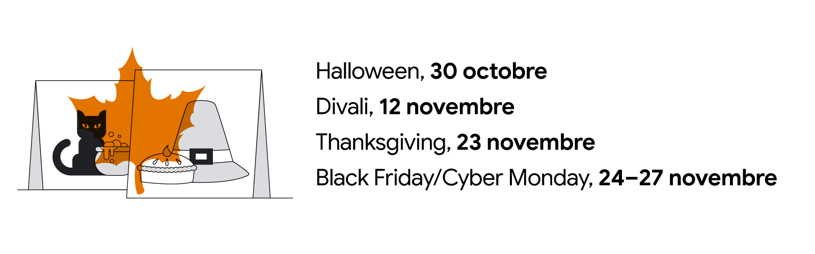 Deux cartes sont l'une à côté de l'autre. L'une représente un chat noir et un chaudron bouillonnant. L'autre représente un chapeau américain ancien et une tarte. Une feuille orange plane au-dessus. Halloween, 30 octobre ; Divali, 12 novembre ; Thanksgivin