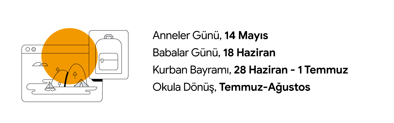 Bir okul çantasının yanında görülen, ada etrafında seyreden bir yelkenlinin bulunduğu seyahat web sitesi. Üzerinde turuncuya çalan sarı güneş bulunuyor. Anneler Günü, 14 Mayıs; Babalar Günü, 18 Haziran; Kurban Bayramı, 28 Haziran - 1 Temmuz; Okula Dönüş,