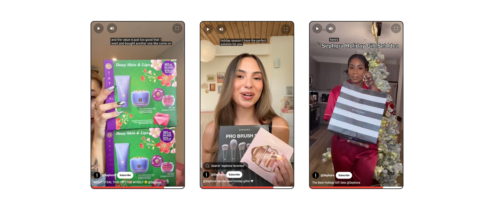 Tres imágenes estáticas de la campaña de YouTube Shorts de Sephora colocadas una al lado de la otra. Las creadoras muestran y describen una variedad de productos de cuidado de la piel y maquillaje, herramientas y sets diseñados para regalar en Navidad.