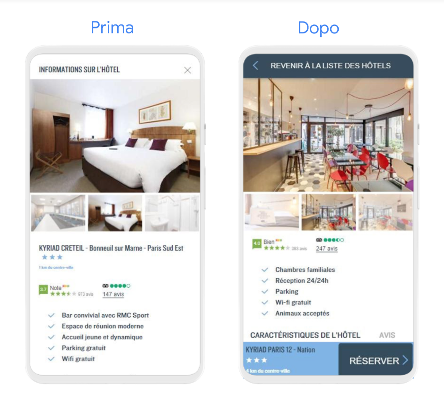 Schermi di telefono che mostrano screenshot della pagina delle informazioni prima e dopo le modifiche, con lo screenshot "Dopo" che mostra più chiaramente i pulsanti "Indietro" in alto e un pulsante "Prenotazione" ben visibile in basso.