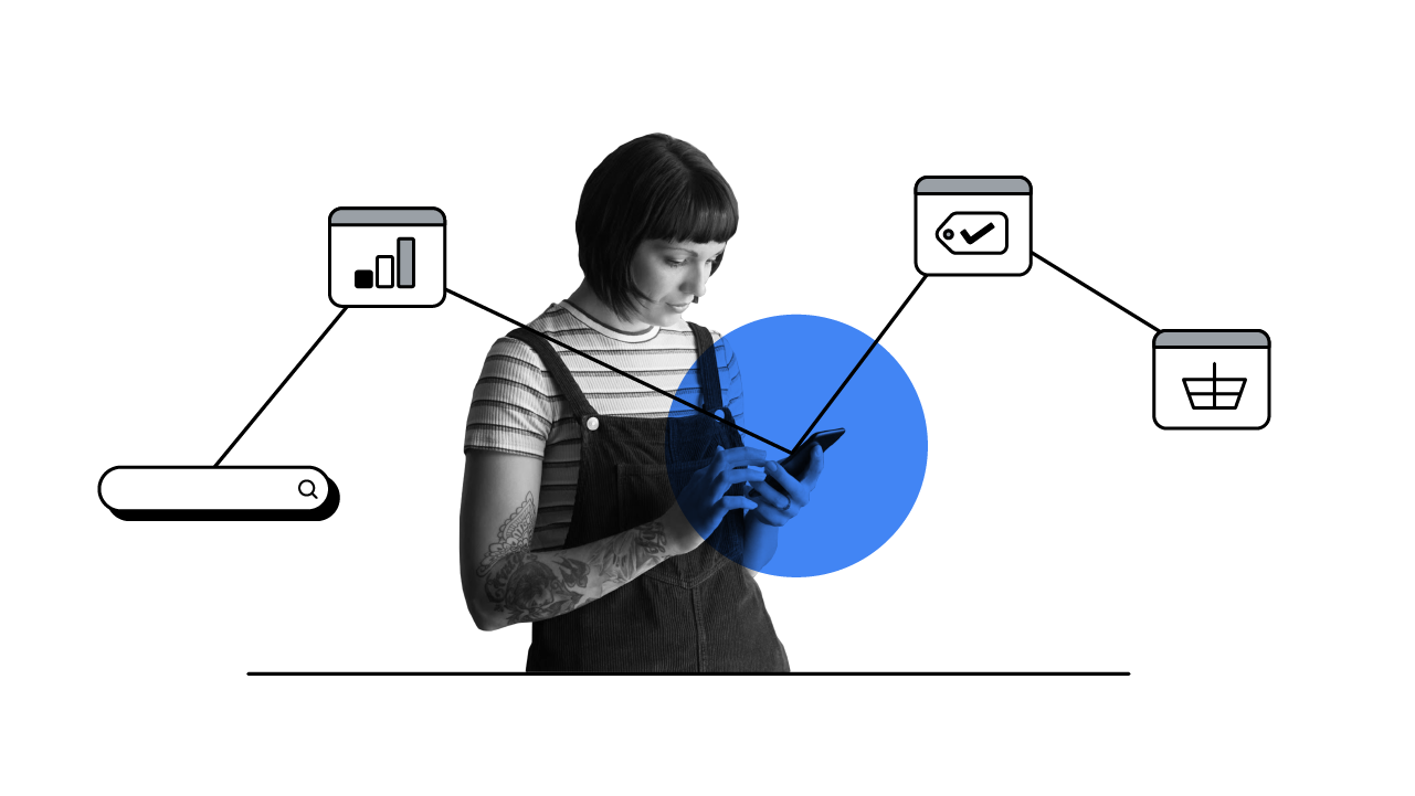 Eine Frau sieht auf ihr Smartphone. Es wird ihr Onlinekaufprozess – von der Produktrecherche bis hin zum endgültigen Kauf – dargestellt.