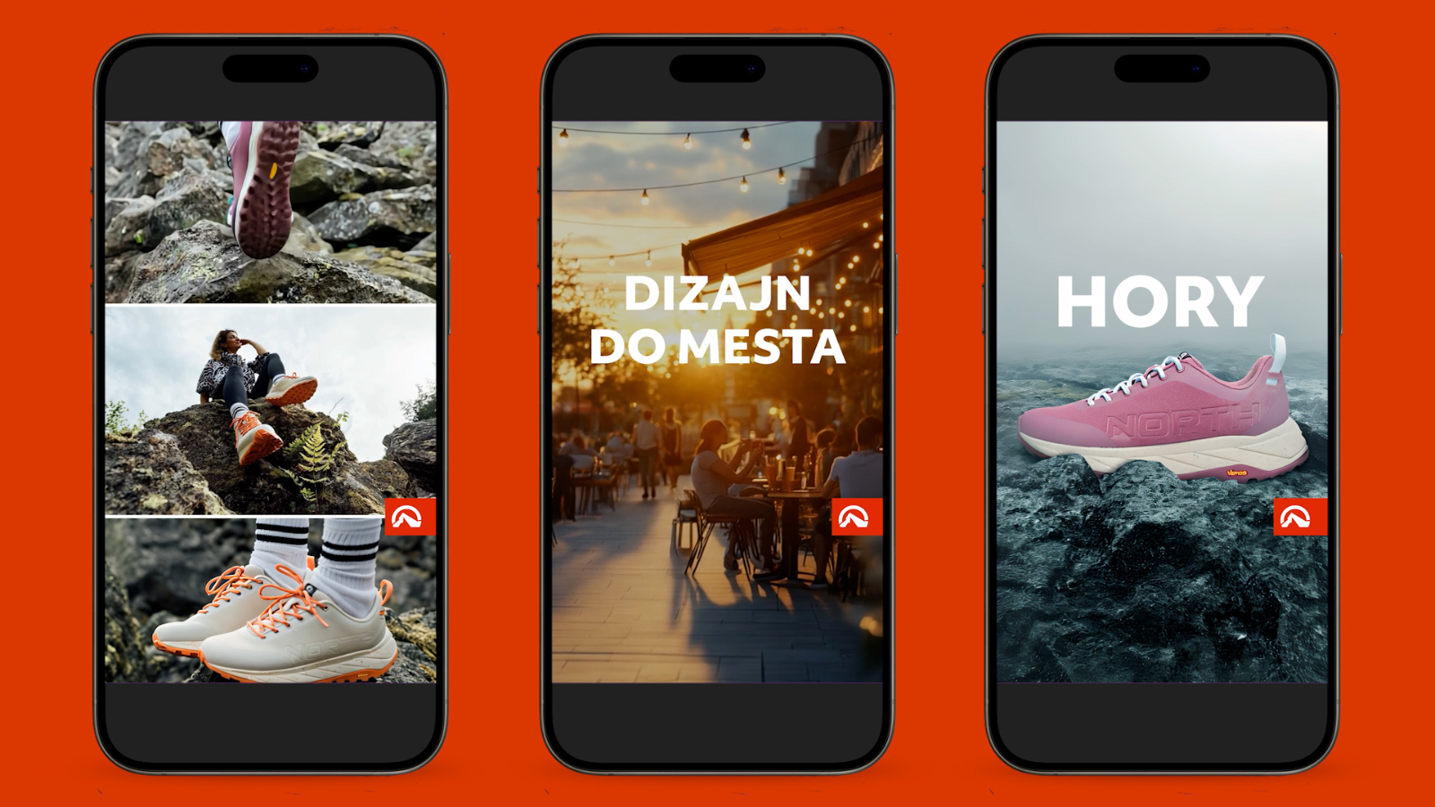 Three mobile screens on a red background show: hiking shoes, a person on rocks, and cafe tables. "DIZAJN DO MESTA" (DESIGN FOR THE CITY) overlays the middle screen; "HORY" (MOUNTAINS) appears on the right above a pink hiking shoe on a rocky backdrop.